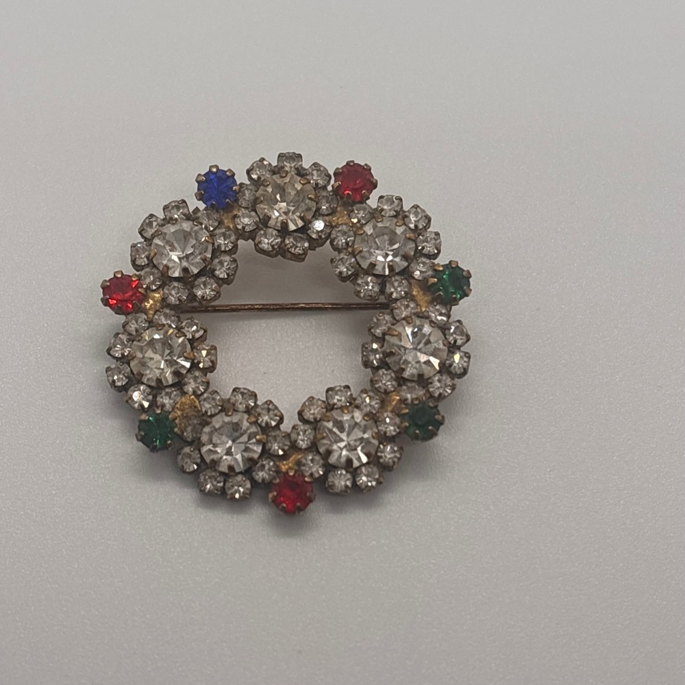 Vintage Wreath Brooch Rhinestone Clear Red Blue Green Gem Accents Gold Tone